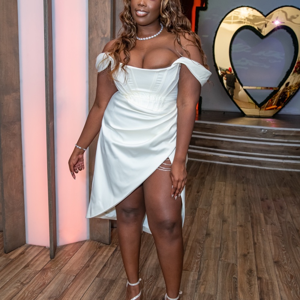 Ivory Satin Off the Shoulder Corset Dress